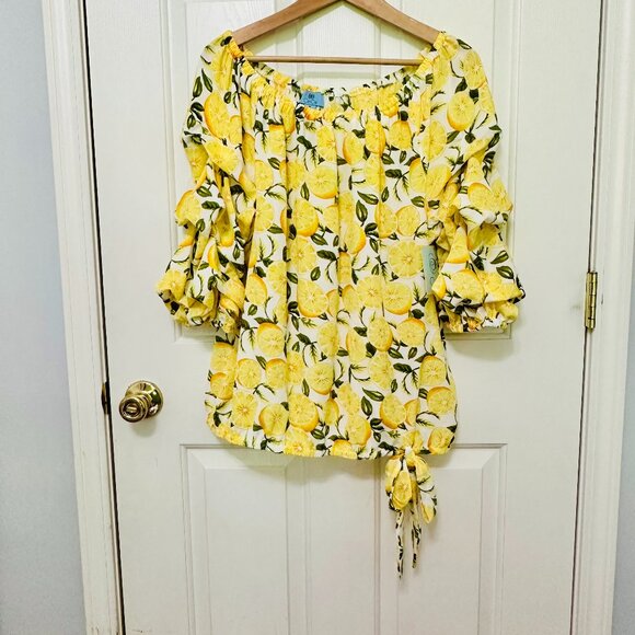 CECE BOHO LEMON SANTORINI VIBE YELLOW PHEASANT SHEER TIERED SLEEVE BLOUSE - Picture 1 of 8